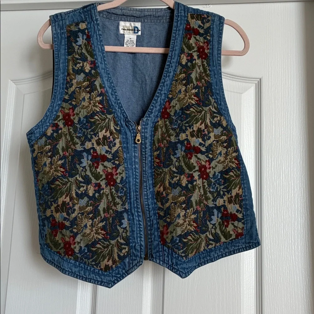 SOLD 🩵VTG 90s Paul Harris Design Tapestry Denim Vest Zip Up Floral Boho M - Picture 5 of 8
